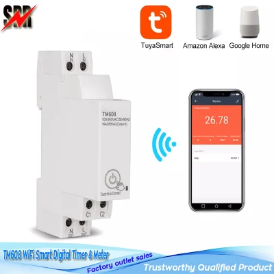 Modelo TM608 Temporizador y medidor digital monofásico inteligente WiFi de 18 mm (programador de interruptor de control de luz inteligente WiFi remoto con monitoreo de energía CA 110 V 220 V 16 A)